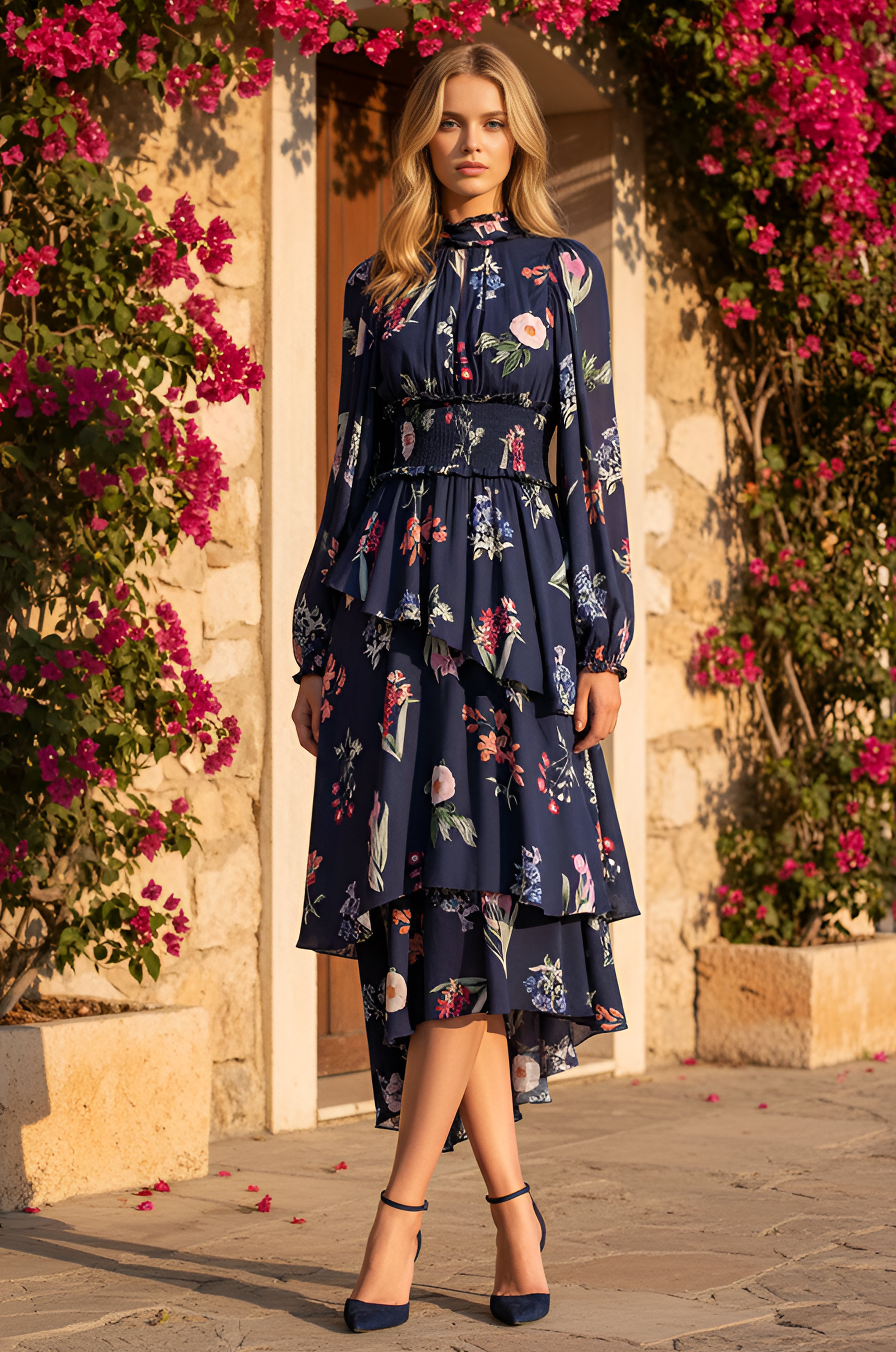 A woman stands outdoors in front of a stone wall with pink flowers, wearing the iridescent Long-Sleeve Blue Floral Casual Midi Dress: Emery with a smocked waistline and matching high heels.